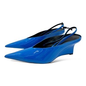 Zara Leather Pointed Toe Architectural Wedge Slingbacks Bright Blue Sz 8/39